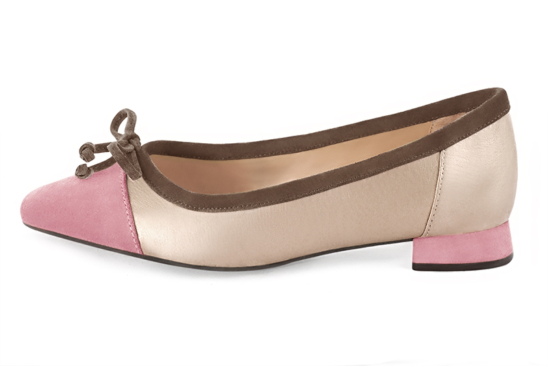 Carnation pink, gold and chocolate brown women's ballet pumps, with low heels. Square toe. Flat flare heels. Profile view - Florence KOOIJMAN